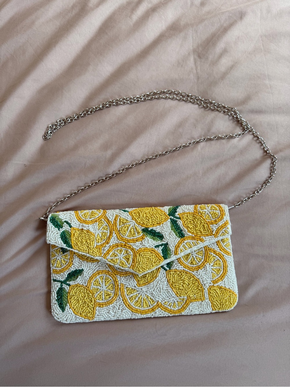 Beaded Lemon Print Crossbody Clutch - White & Yellow